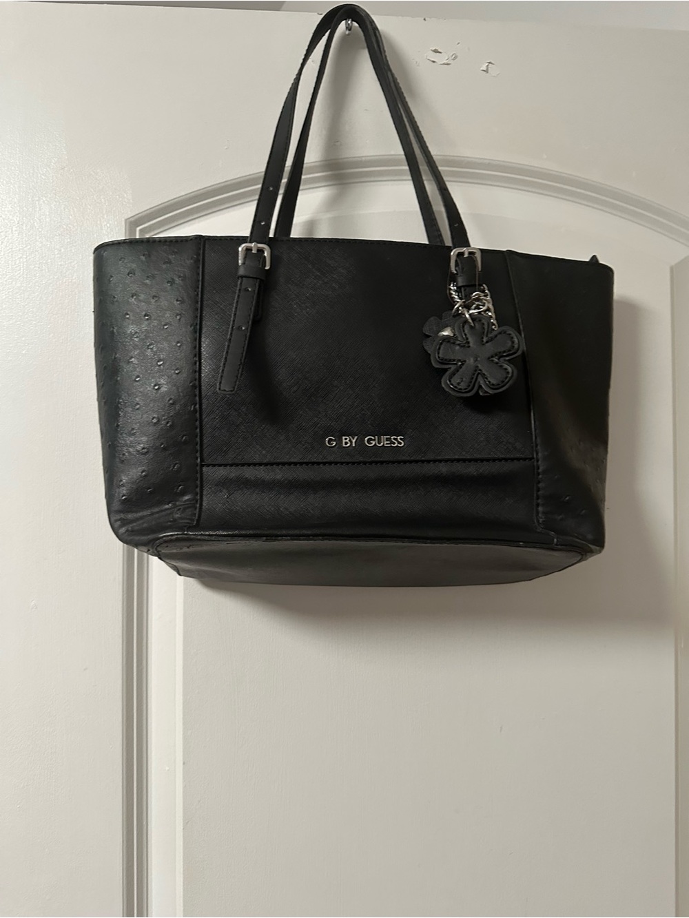 G by Guess Black Tote with Floral Charm Accent